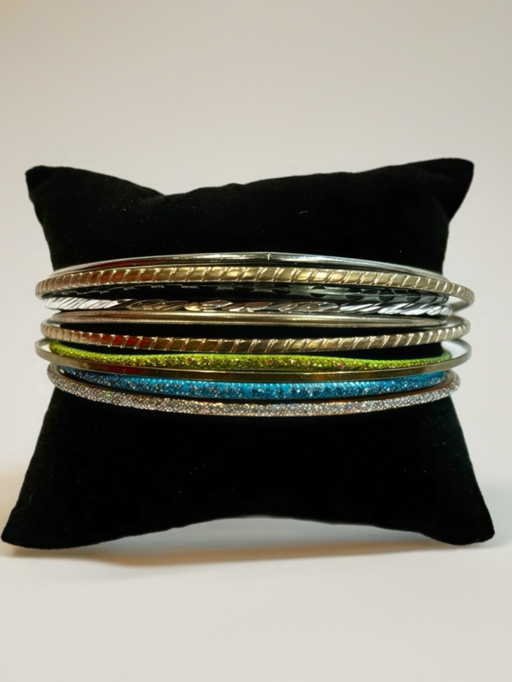 Stacked Metallic and Glitter Bangle Bracelet Set - Silver, Gold, Blue, Green